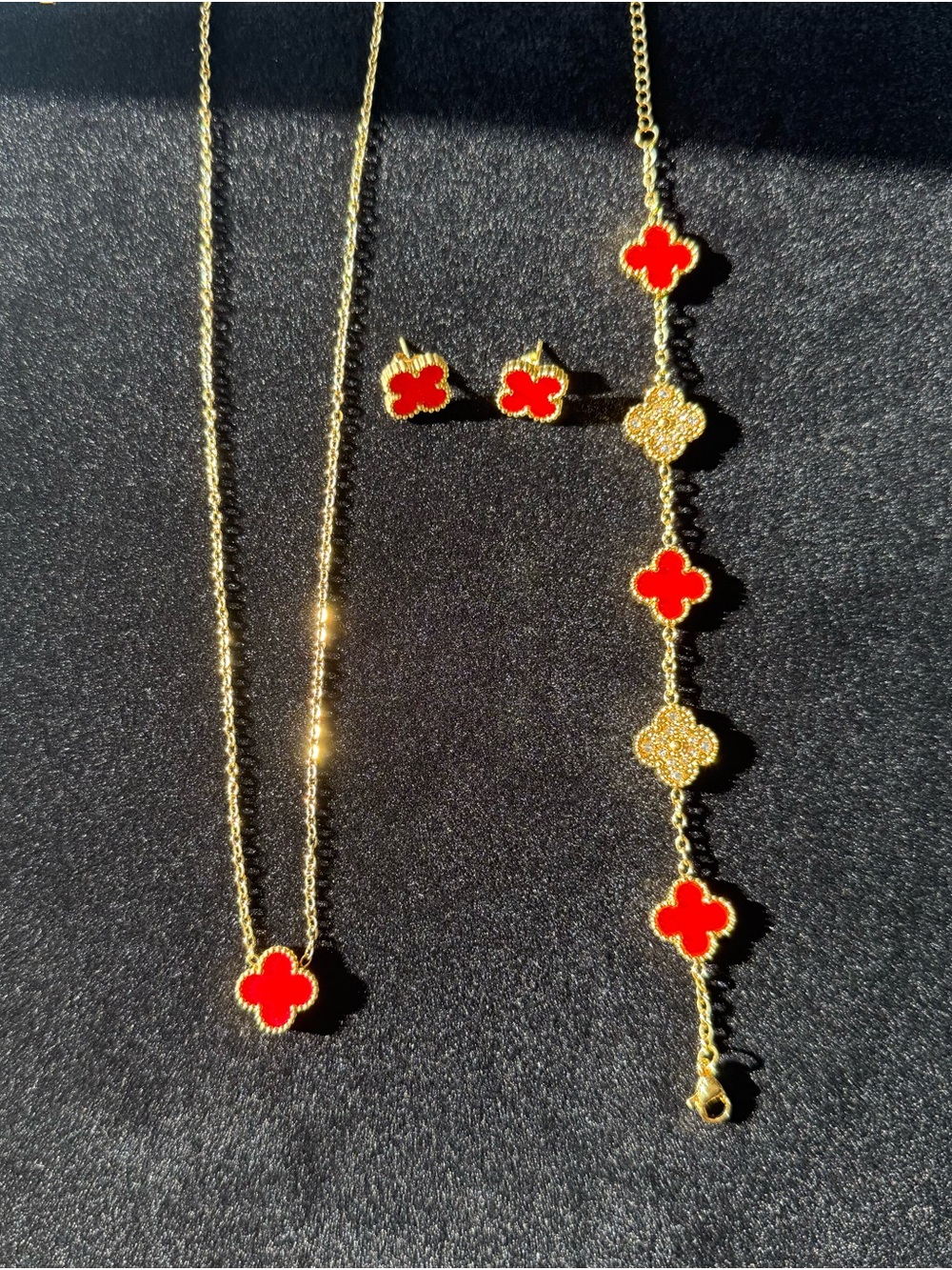 Red Clover Jewelry Set Necklace, Earrings & Bracelet - 18KGP Stainless Steel